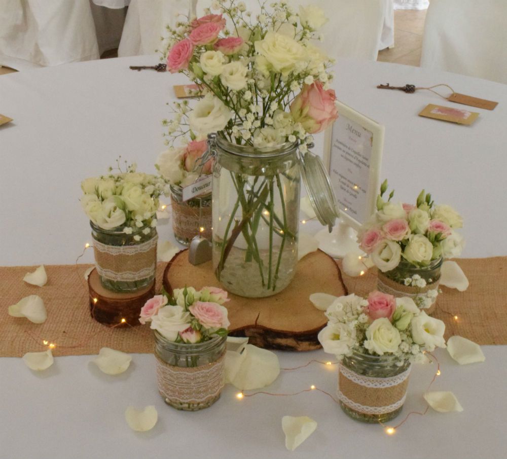 Moulin de Rudelle et A Fleur d'Art - Décoration de table mariage thème nature et champêtre rose et blanc