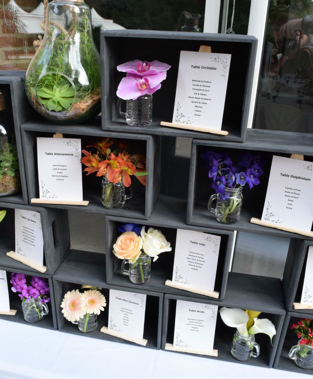 Plan de table mariage au nom de fleurs pour un mariage avec beaucoup de fleurs sur toulouse