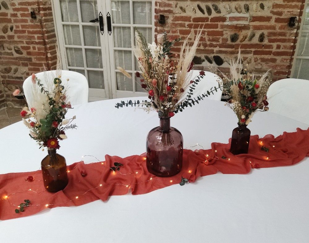 Décoration table mariage en fleurs séchées Moulin de Rudelle Toulouse